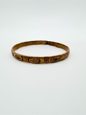 Vintage Mexico Brass Floral Etched Bangle Bracelet Small Size